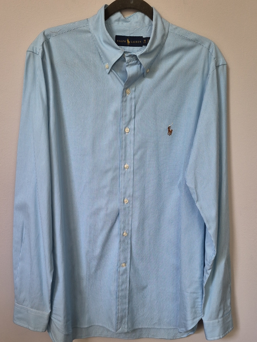 Ralph Lauren Polo Shirt Mens 16 34/35 Blue Pinstripe Cotton Flesh Pony Logo
